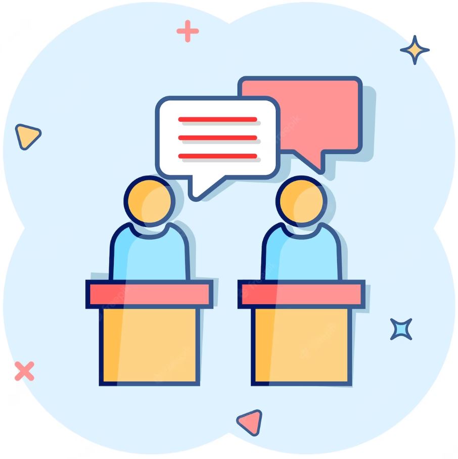 Ilustración de sección debates, dos globos de mensajes flotando